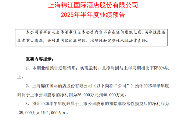 高开网 锦江酒店2025年上半年净利润同比“腰斩”